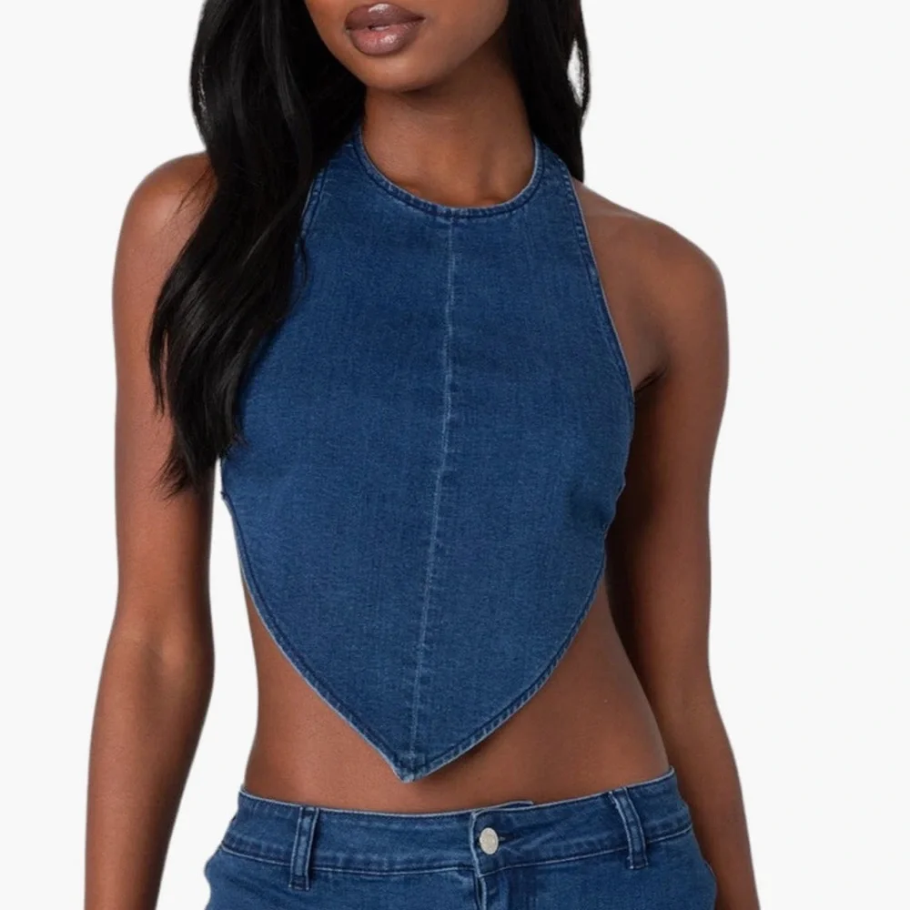 EDIKTED Sydnie Open Back Denim Halter Top | Color: Dark-Blue - Picture 3 of 8